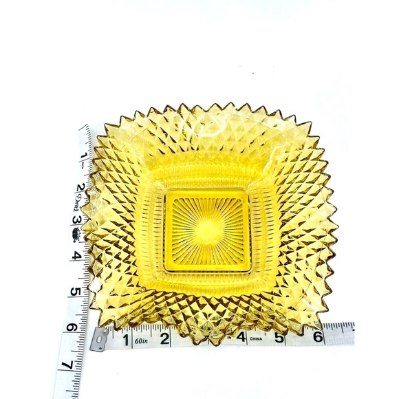 Vintage Amber Cut Glass Candy Dish Trinket Dish Ashtray Square Scalloped Edge - Picture 6 of 9